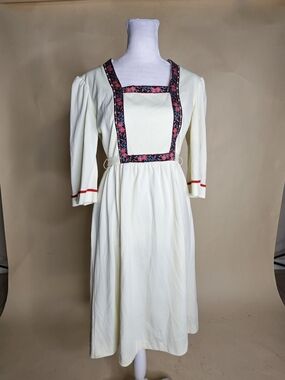 Vintage 70s Ivory Floral-Trim Hippie Midi Dress